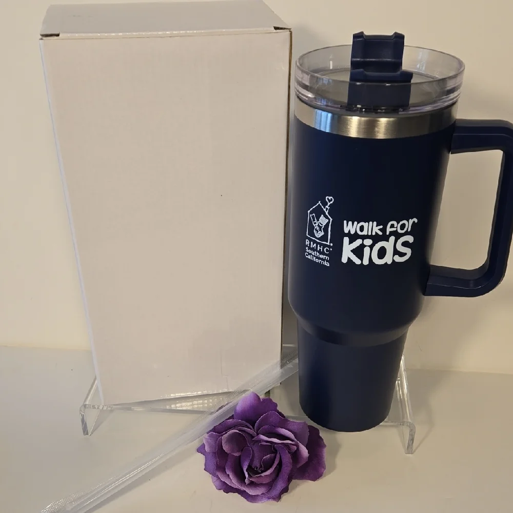 40oz Blue Stainless Steel Travel Mug • Handle + Straw • NWT RMHC Walk for Kids